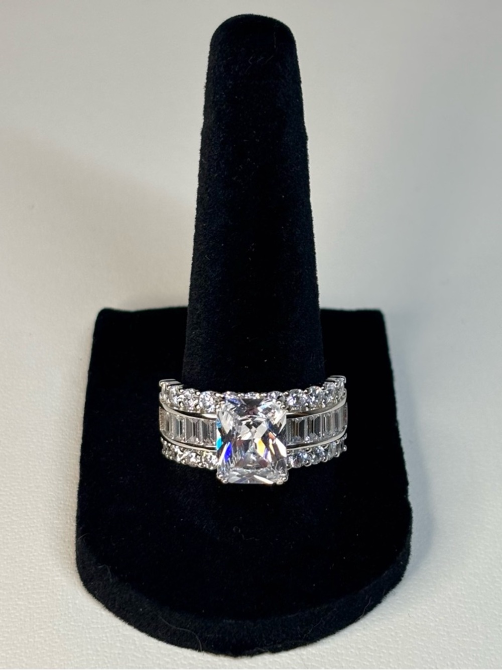 Sterling silver ring with 4.5+ carat rectangular cushion-cut center stone